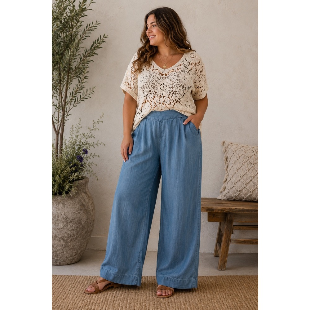 Jessica Simpson Womens Blue Chambray Wide Leg Trousers XL High Rise Elastic Back